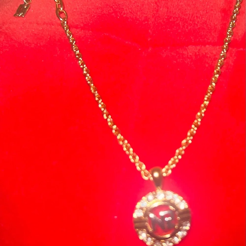 Nina Ricci Vintage Gold NR Logo Medallion Necklace • Rope Chain • Rhinestone Hal